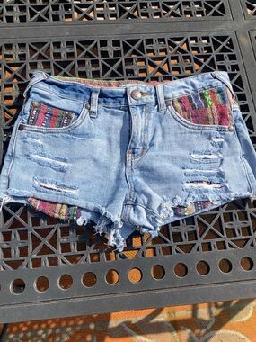 Free People Light Blue Distressed Denim Shorts with Multicolor Trim